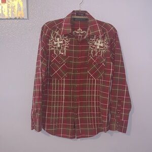 Lamasini Western Red Plaid snap Sequined Cross Embroidered Button Down Shirt